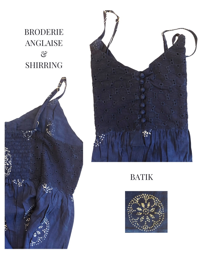STRAPPY DRESS, DARK BLUE, BATIK ROUNDFLOWER, COTTON