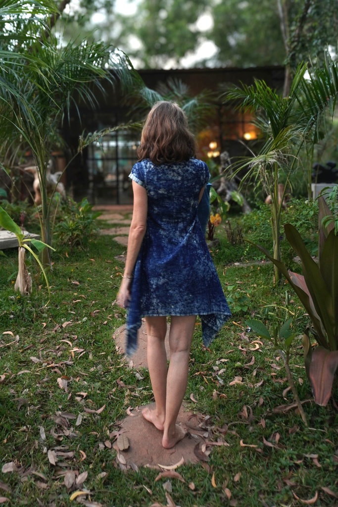 SIDEDROP DRESS, DARK BLUE, SHIBORI, COTTON