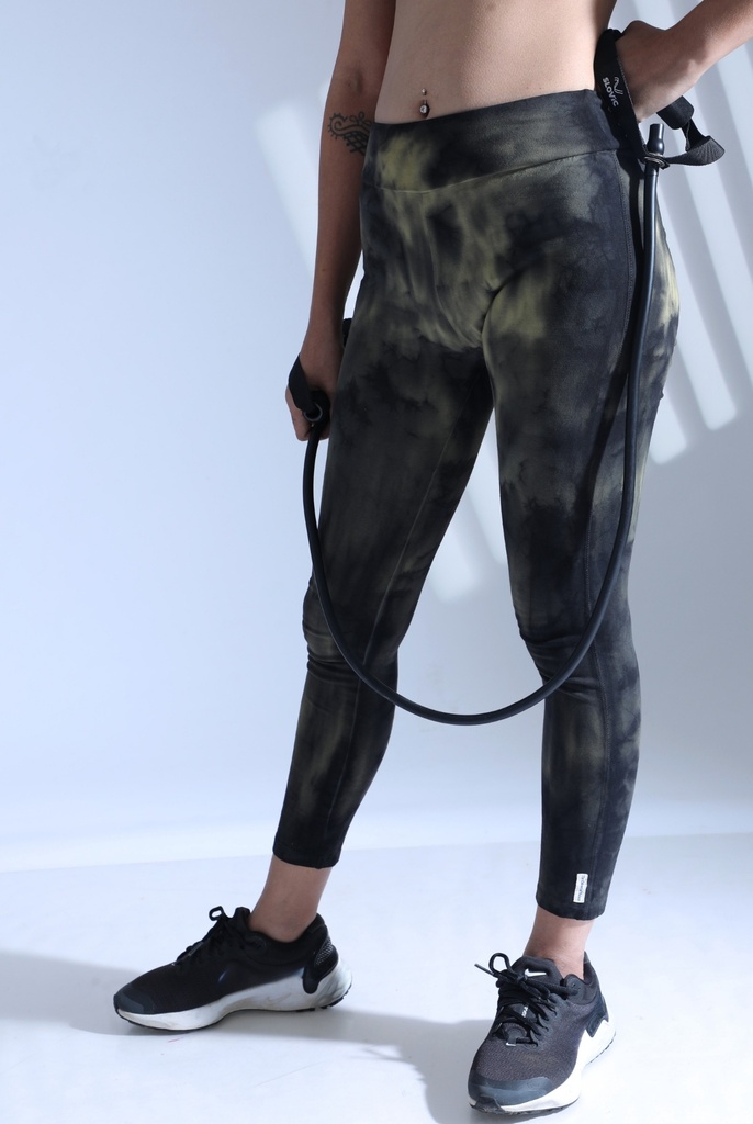 YOGA LEGGINGS, GREEN-KHAKI, SHIBORI CRUSHING, COTTON