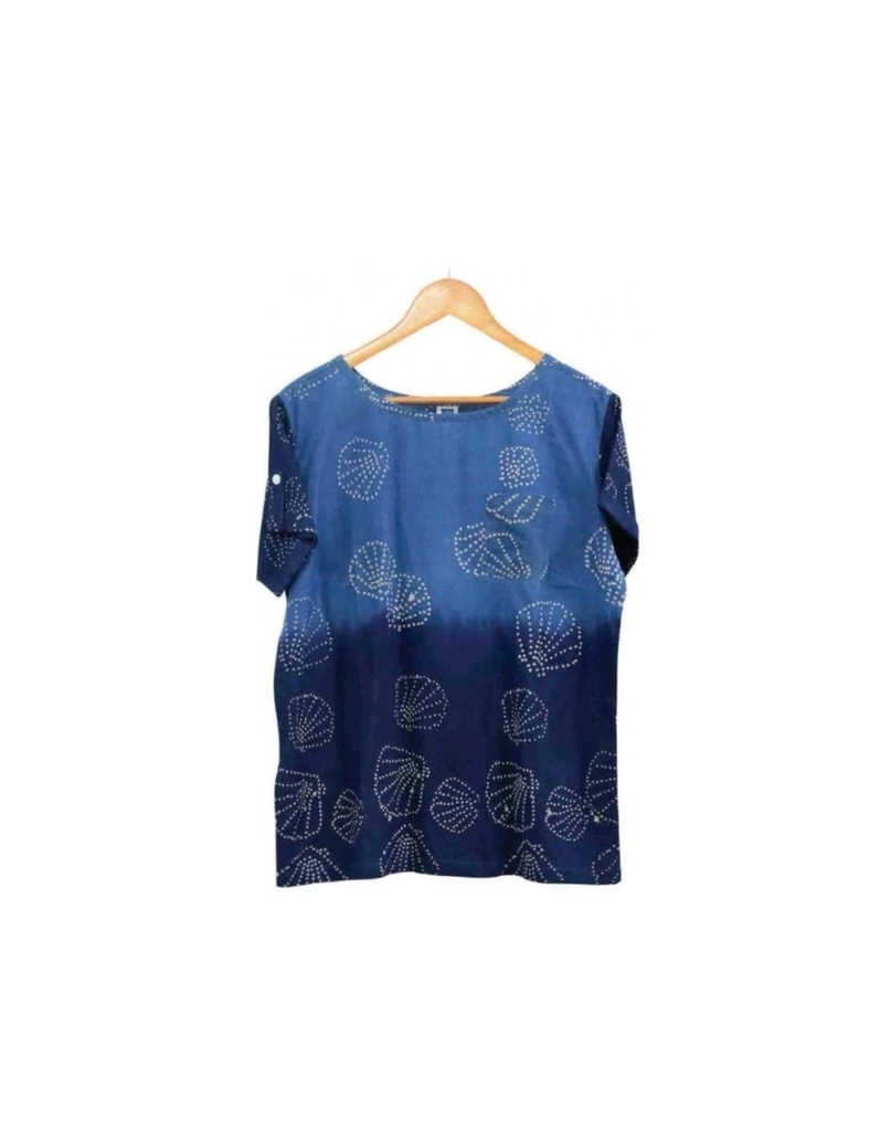 WOMEN'S POCKET TOP, 2xBLUE, OMBRE, BATIK-SEASHELL, COTTON