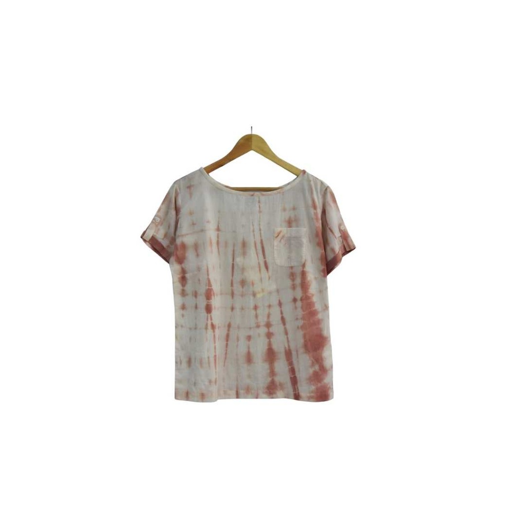 WOMEN'S POCKET TOP, PINK-WHITE, SHIBORI, COTTON