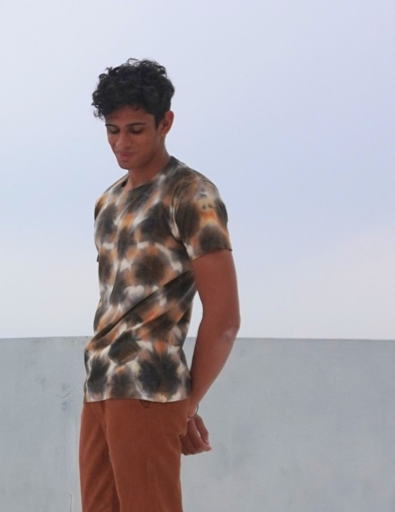 T-SHIRT, YELLOW-BLACK-WHITE, SHIBORI-CRUSHING, COTTON