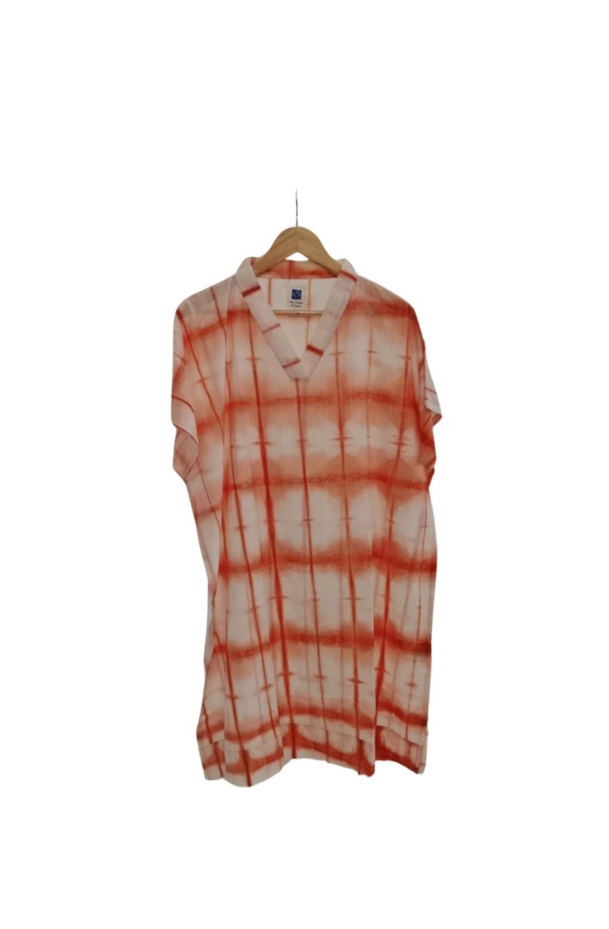 SHORT SLEEVE KAFTAN, ORANGE-WHITE, SHIBORI_CLAMP, COTTON