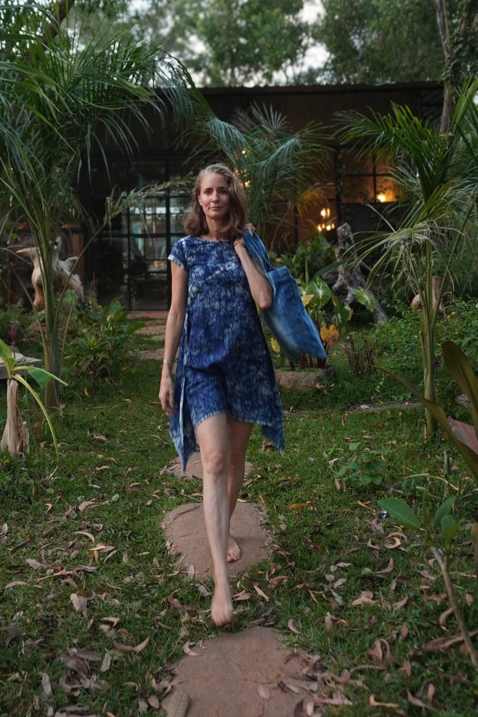 SIDEDROP DRESS, DARK BLUE, SHIBORI, COTTON