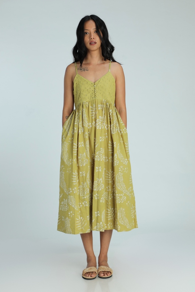 STRAPPY DRESS, GREEN, BATIK, COTTON