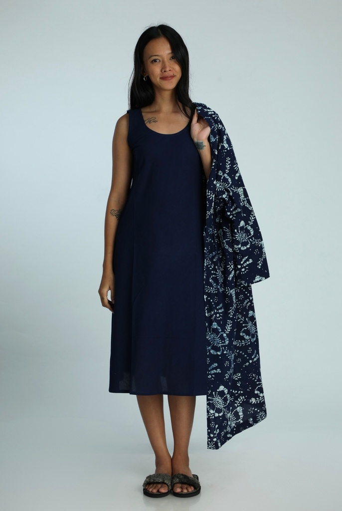 OVERCOAT SET DRESS, DARK BLUE, BATIK, COTTON