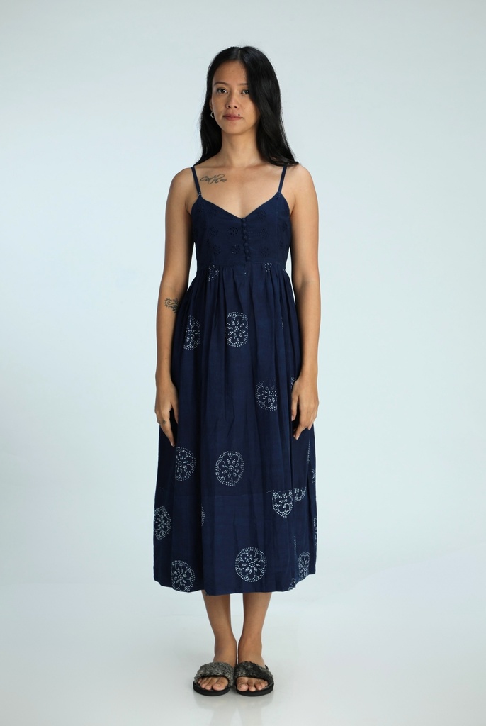 STRAPPY DRESS, DARK BLUE, BATIK ROUNDFLOWER, COTTON