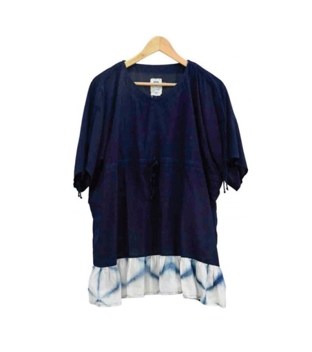 SLEEVE STRING TOP, BLUE-WHITE, PLAIN SHIBORI, COTTON