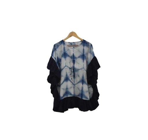 WRINKLE W STRING TOP, WHITE-BLUE, SHIBORI PLAIN, COTTON