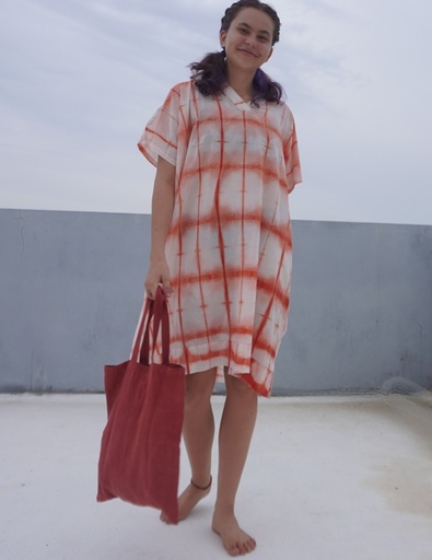[KAF-SHO-OR_WH-SHI_CL-COT/0S] SHORT SLEEVE KAFTAN, ORANGE-WHITE, SHIBORI_CLAMP, COTTON