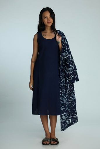 OVERCOAT SET DRESS, DARK BLUE, BATIK, COTTON